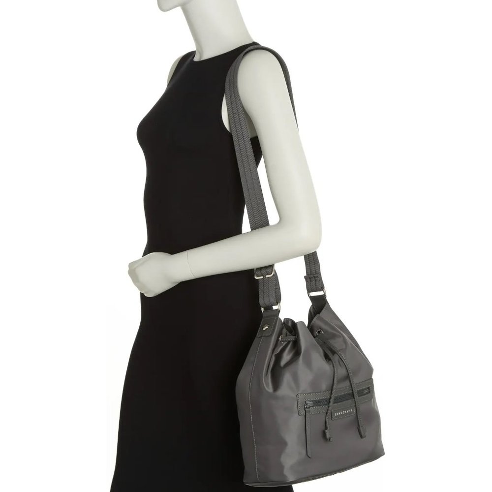 NEW LONGCHAMP Gray Eco Recycled Bucket Bag Drawstring Closure Adjustable Strap - Picture 3 of 16